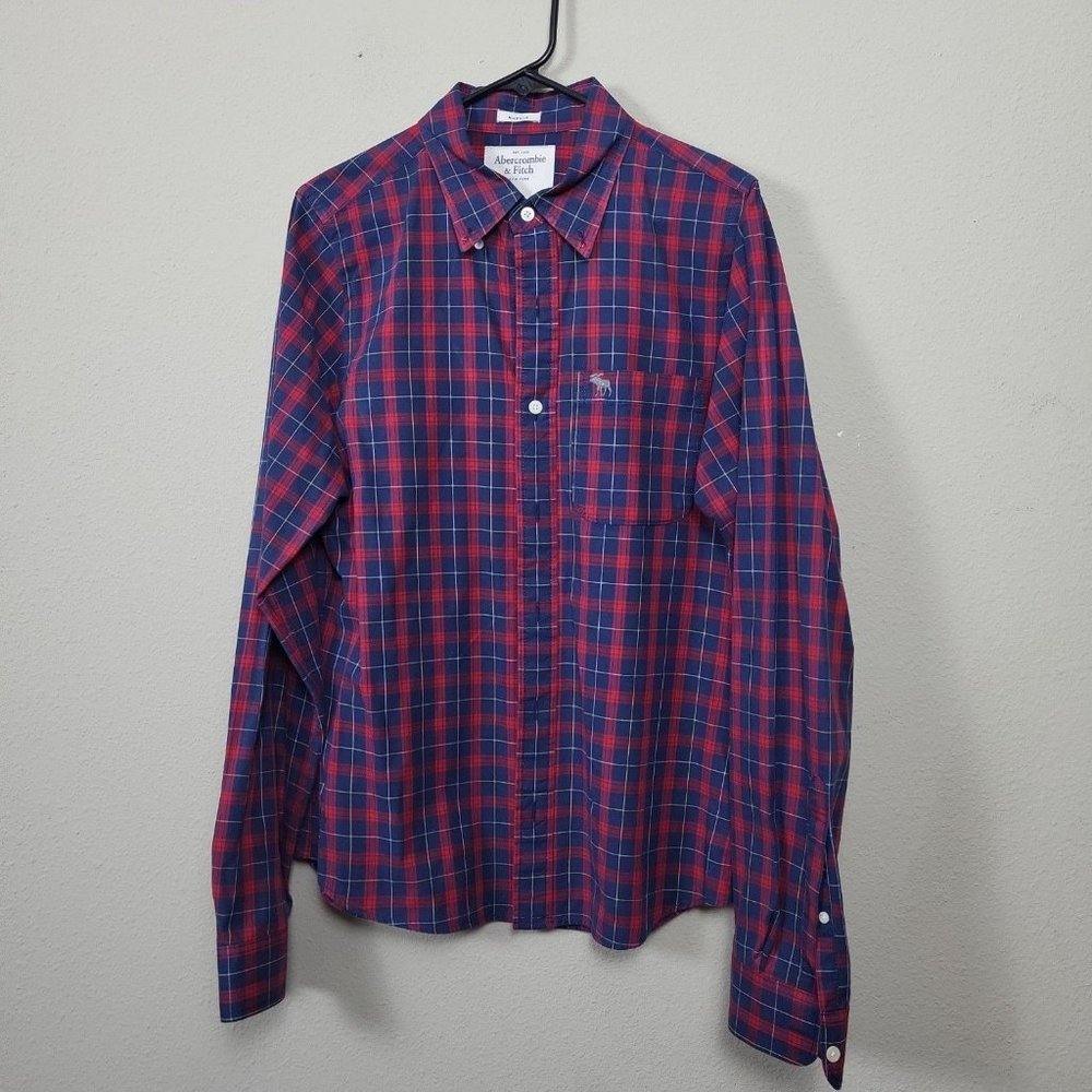 Abercrombie & Fitch Men's L Long Sleeve Button Up Blue Red Checkered Muscle Fit